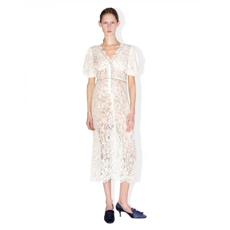 Vintage Cream White Lace V-neck Puff Sleeve Midi Dress Crysral HIgh Quality Part Dinner Boho Dresses Summer ropa mujer 210421