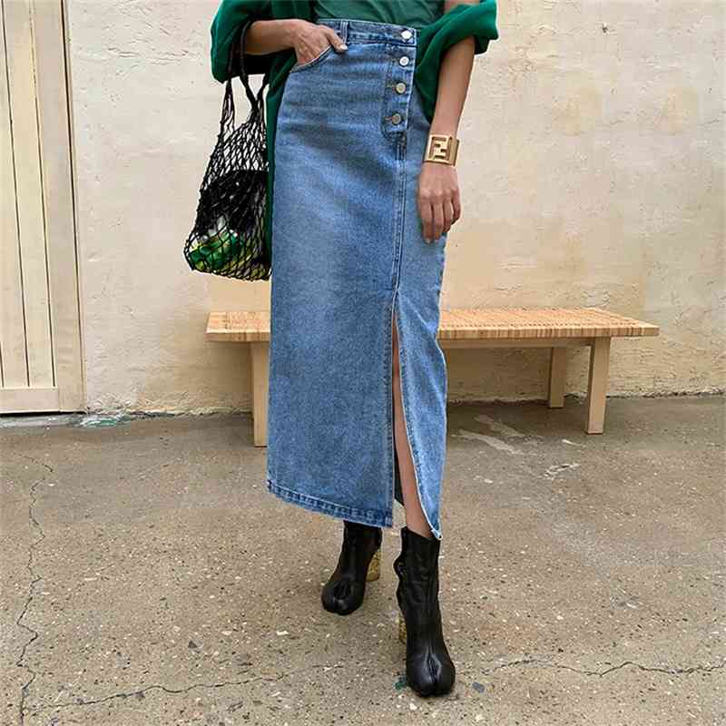 Korea New Denim Skirts Fashion Split Long Skirts Solid Party High Waist Jeans Skirt for Women 210421