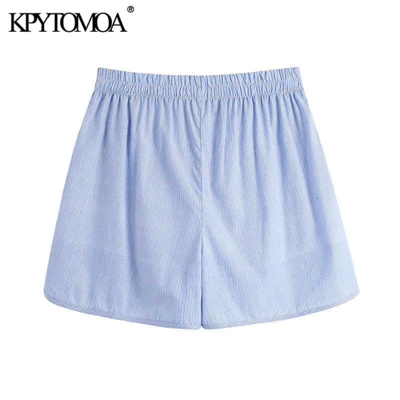 Women Fashion Side Pockets Striped Bermuda Shorts Vintage High Elastic Waist Split Hem Female Short Pants Mujer 210416