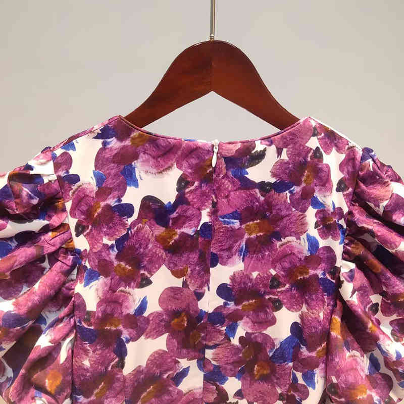 VGH Sexy Slim Ruched Dress For Women V Neck Puff Long Sleeve High Waist Print Hit Color Vintage Dresses Female Spring New 210421