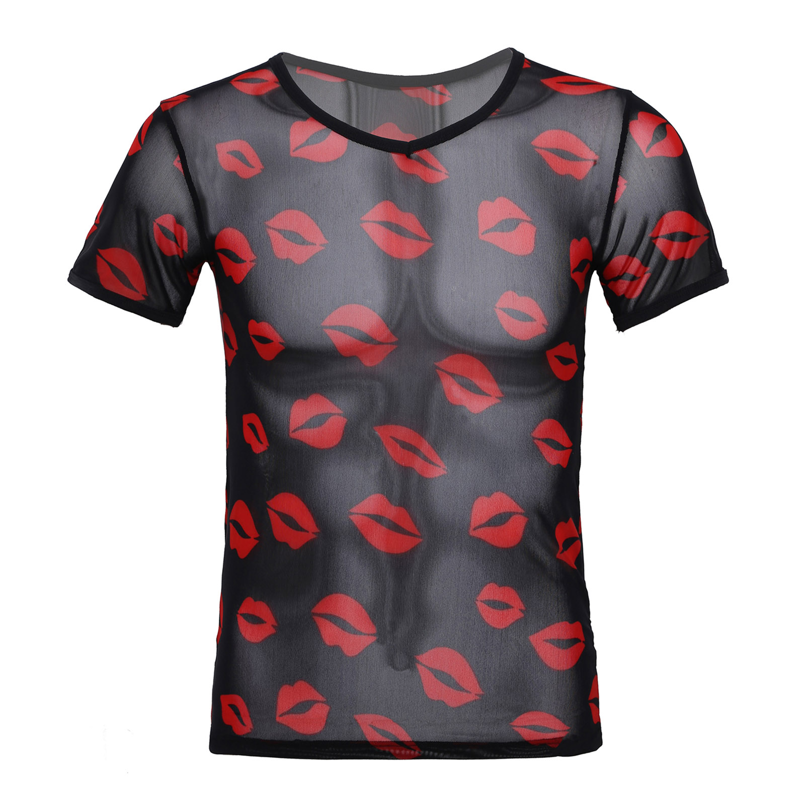 Mens See-through Mesh T-shirt Lip Printed V Neck Short Sleeve Sheer Tops Fashion Streetwear For Nightclub Stage Show Costume
Mens See-through Mesh T-shirt Lip Printed V Neck Short Sleeve Sheer Tops Fashion Streetwear For Nightclub Stage Show Costume