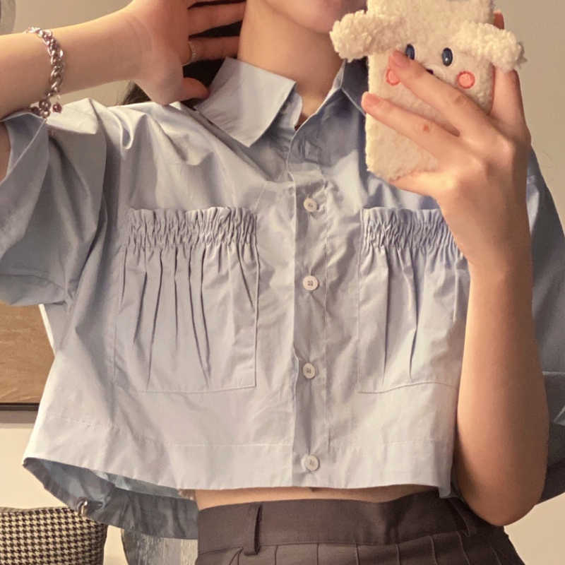 High Waist Short Women Blouse Causal Pleated Pockets Shirt Summer Sleeve Turn-down Collar Crop Tops 6G835 210603