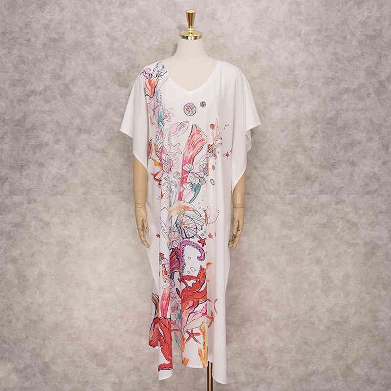 Embroidery Polyester Beach Cover up Saida de Praia Swimsuit Women Bikini cover Tunics for Pareo Sarong wear Q1216 210420