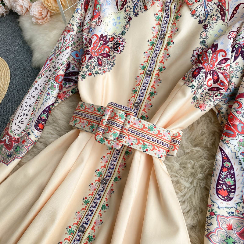 Spring Bohemian Casual A-line Dress Women Retro Print Long Dress Turndown-Collar Long Sleeve Button Sashes Dress 210521