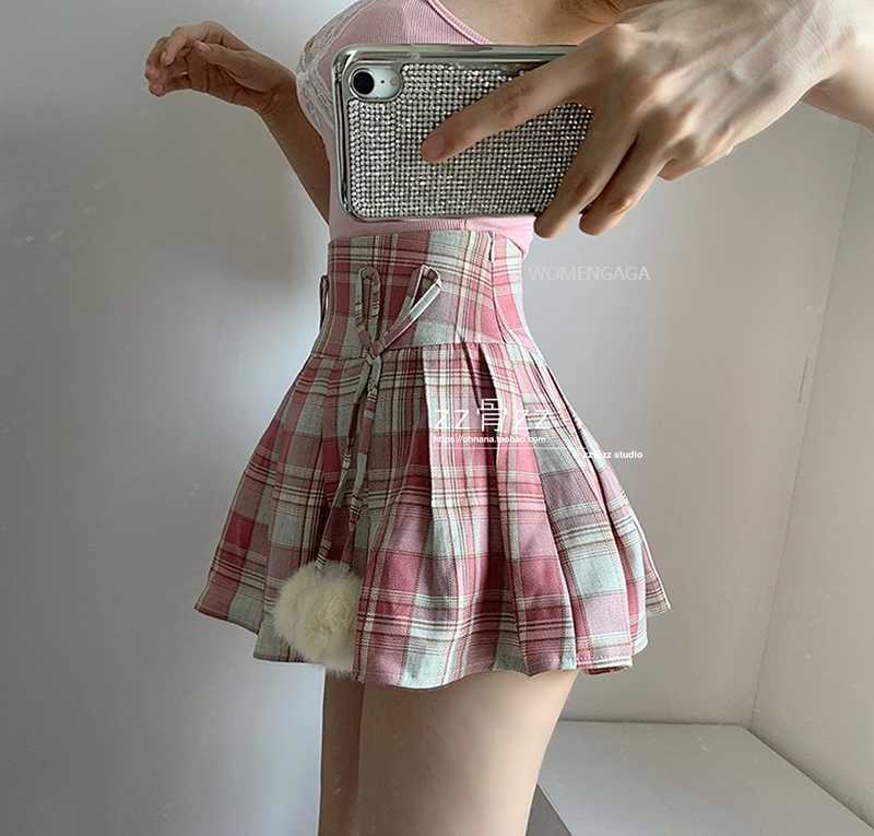 WOMENGAGA Sexy China Sweet Plaid Print Bow Hairy Loli Kawaii Asia Women High Waist Pleated Mini Skirt Skirts Pink UY87 210603