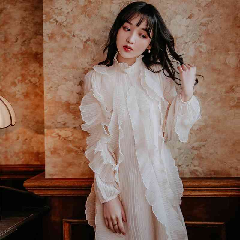 High-End Runway Dresses Women Spring /Fall Elegant Full Sleeve White Pleated Ruffle Maxi Long Vestidos 210520