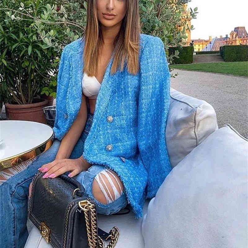 PUWD Elegant Woman Blue Loose Plaid Tweed Blazer Coat Autumn Female Streetwear Outwear Ladies Casual Diamond Button Jacket 210522