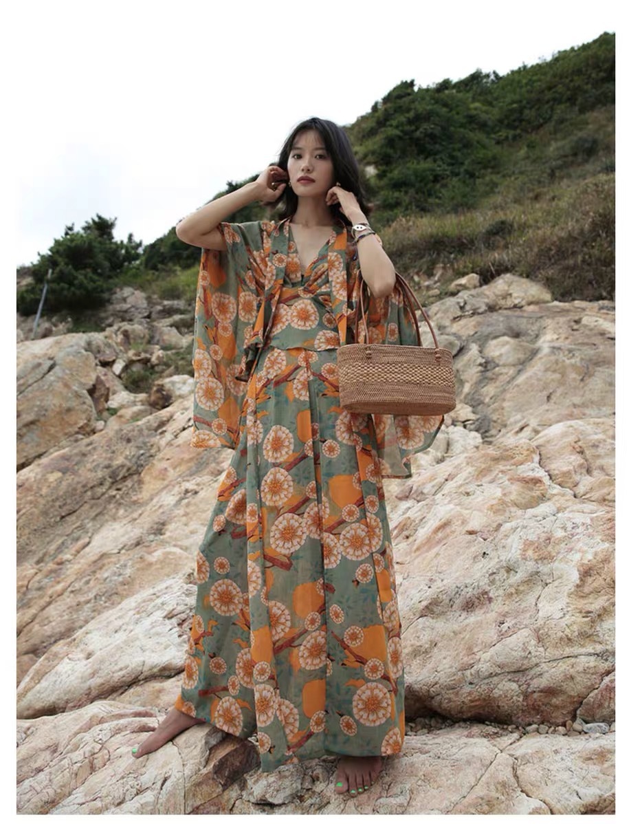 Womens Sets Two Piece Boho Chic Floral Beach Holiday Wide Leg Pants + V-neckTop Set Vintage Outfits For Women 210421