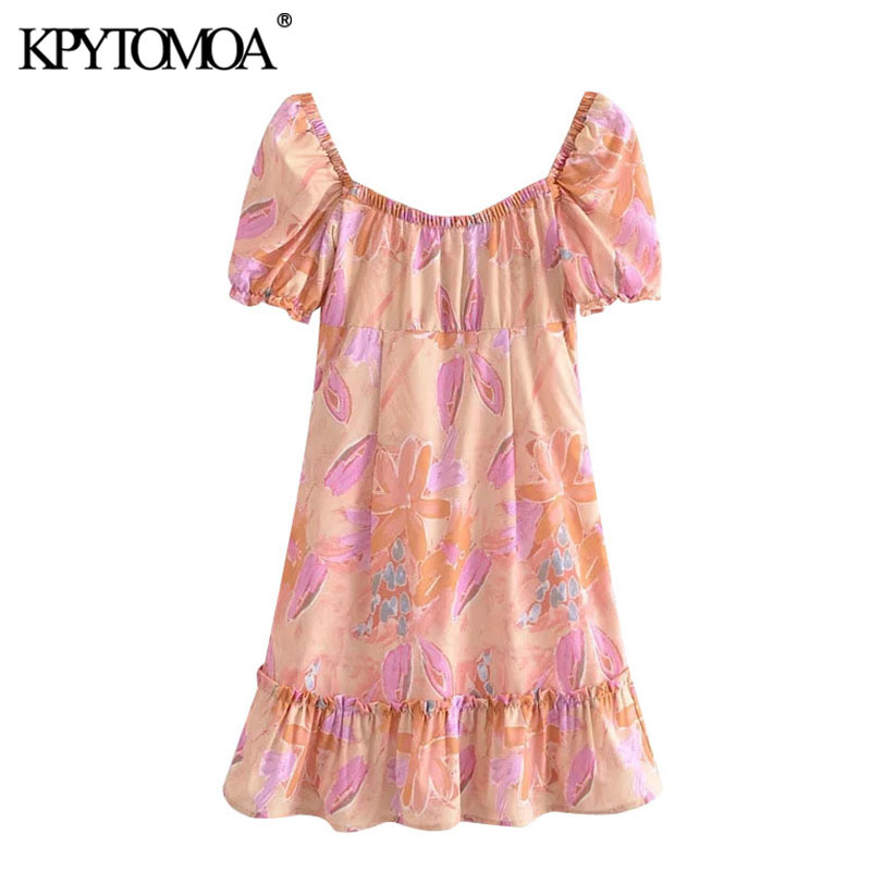 Women Chic Fashion Floral Print Ruffled Mini Dress Tied V Neck Side Zipper Female Dresses Vestidos Mujer 210420