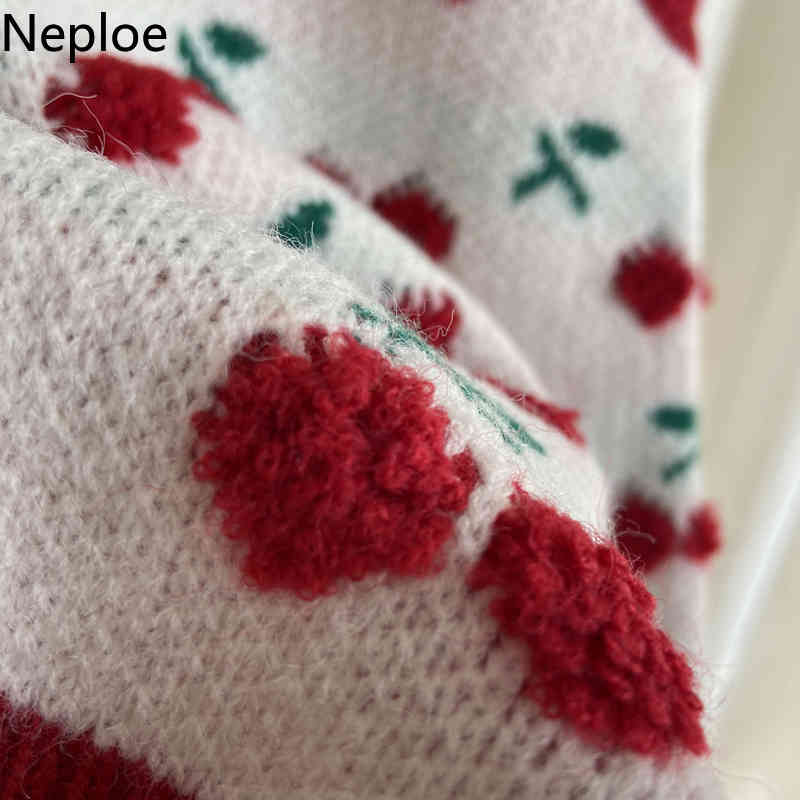 Neploe Woman Sweaters Vest O-neck Crochet Floral Cherry Knitted Cropped Pullovers Tank Korean Sweet Waistcoat Tops women 4H380 210422