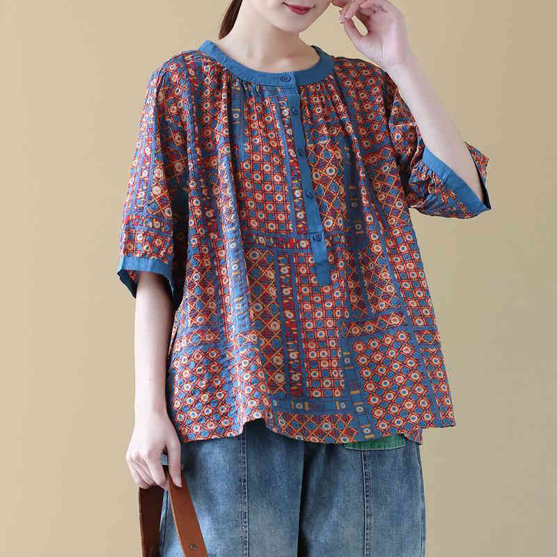 Summer Arts Style Women O-neck Vintage Print Loose Blouse Cotton Linen Half Sleeve Casual Shirts Femme Blusa S796 210512
