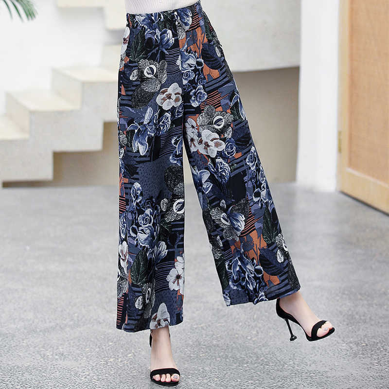 Women Wide Leg Pants Summer Loose High Waist Pants Summer Vintage Print Beach Pants Women Ankle-Length Trousers 211006