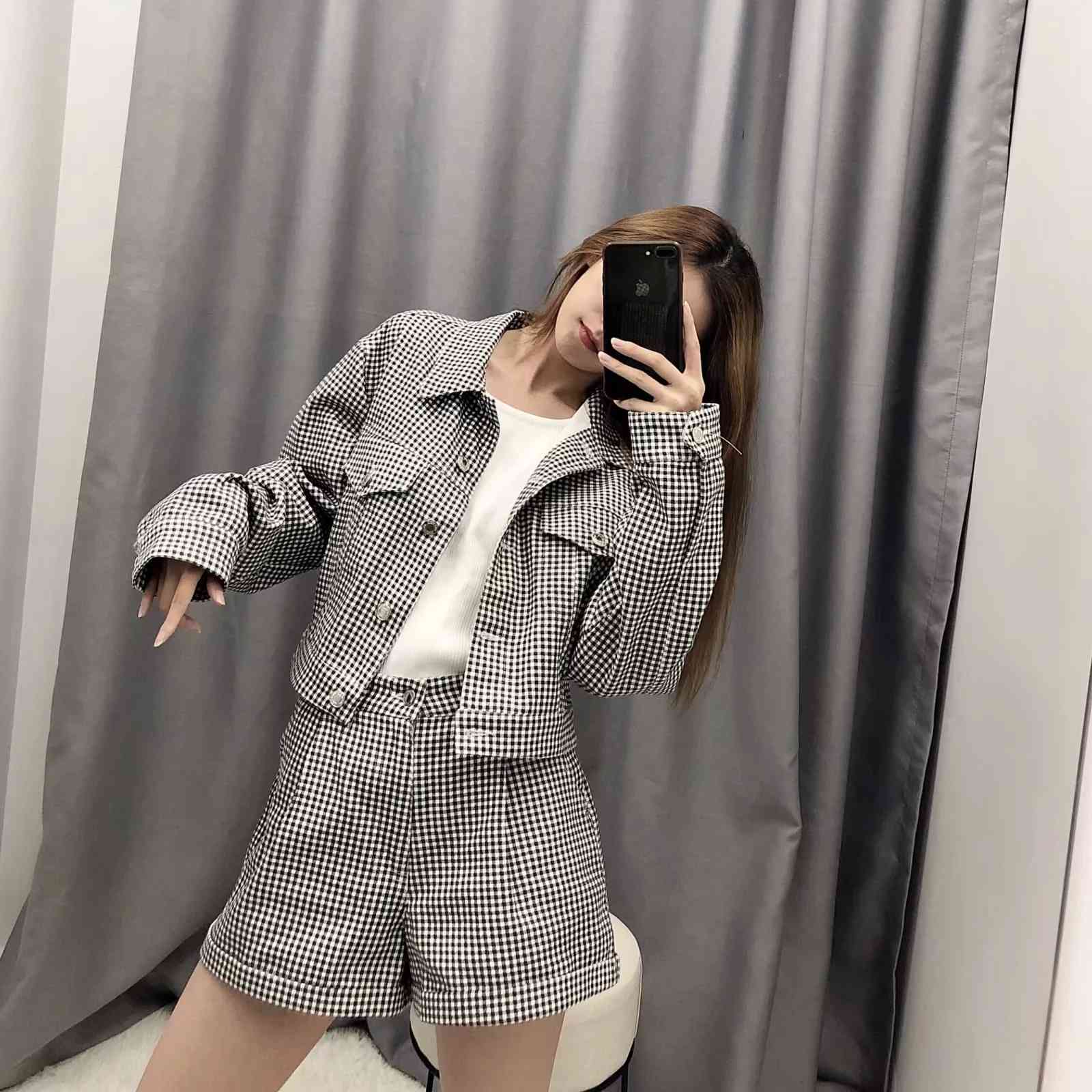 Women Houndstooth Demin Cropped Jacket Single Breasted Casual Outwear Coat Chic Female Streetwear 210521