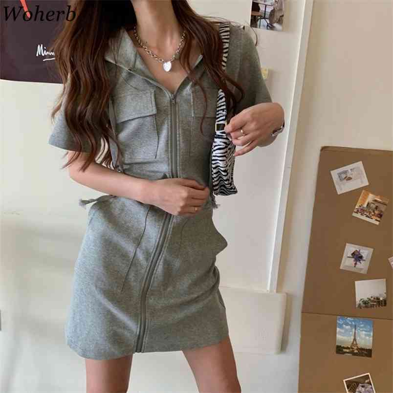 Casual Slim Hooded Sweatshirt Dress Women Mini Robe Cargo Pockets Zipper Dresses Korean Sping Summer Solid Vestidos 210519