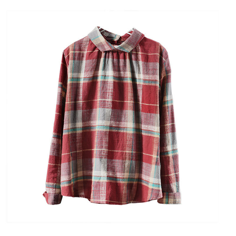 Autumn Fashion Women Shirt Plus Size Long Sleeve Peter Pan Collar Shirts Casual Plaid Blouses Vintage Cotton Ladies Tops D95 210512