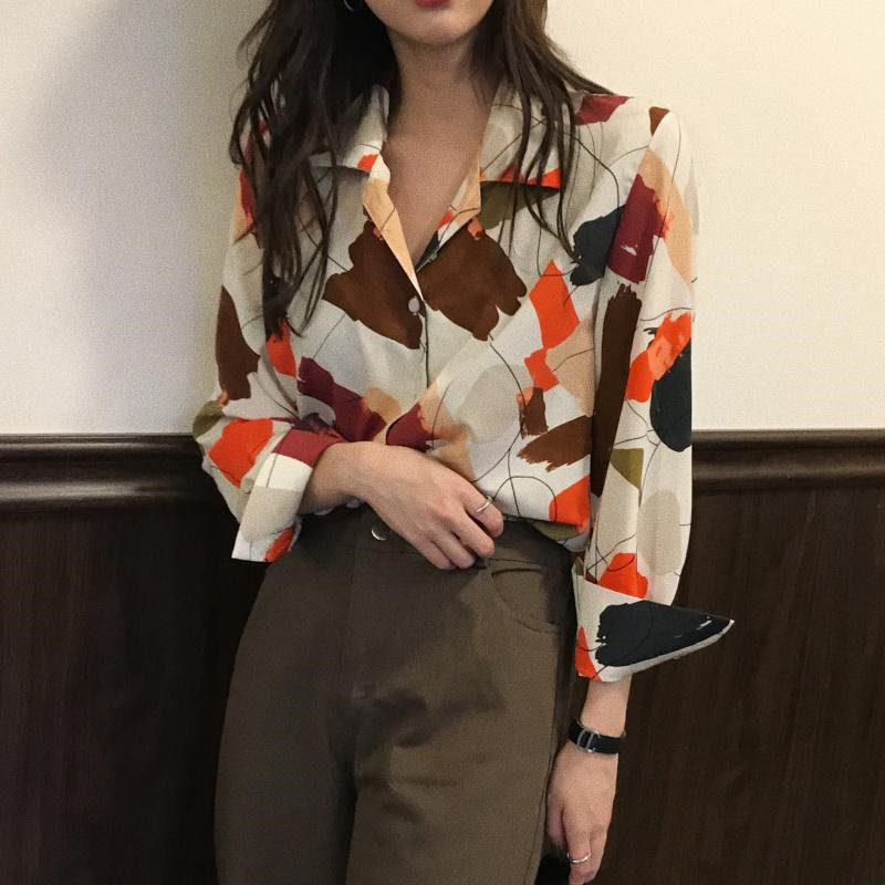 Vintage Elegant Basic OL Shirt Print Women Stylish Autumn Blouses Long Sleeve Loose Office Ladies Tops Female 210421