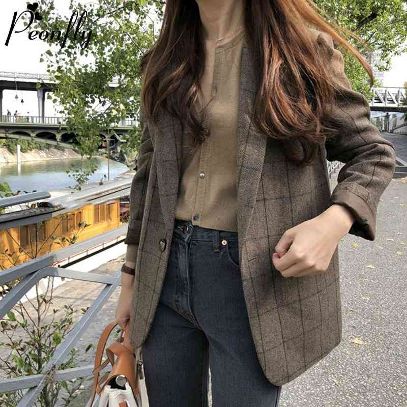 PEONFLY Spring Korean Vintage Plaid Blazers Women Fashion Loose Notched Single Button Blazer Female Casual Coat Blazer Feminino 210330