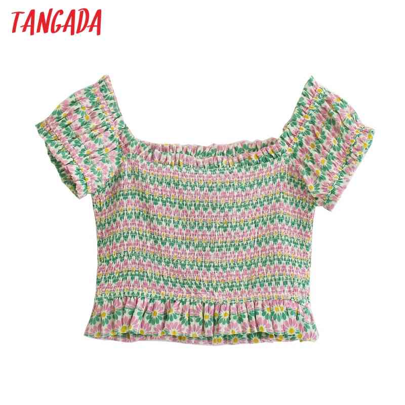 Women Floral Green Pleated Crop Shirts Bow Sleeve Summer Female Short Tops Blouses 5Z100 210416