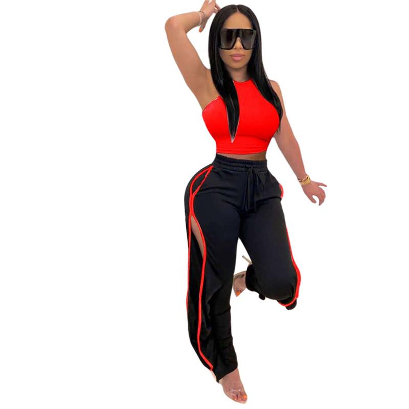 Women Sexy 2pcs Sets Slim Short Tank + Long Pants Tracksuits Summer Sleeveless Solid Color Vest Side-opened Sport Trousers Suits Women's