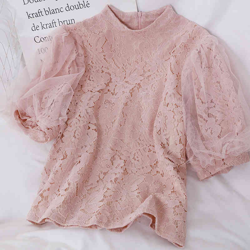 Lace Mesh Sweet Solid Women Tops and Blouses Stand Collar Pink Chic Short Sleeve Shirts Retro 13899 210415
