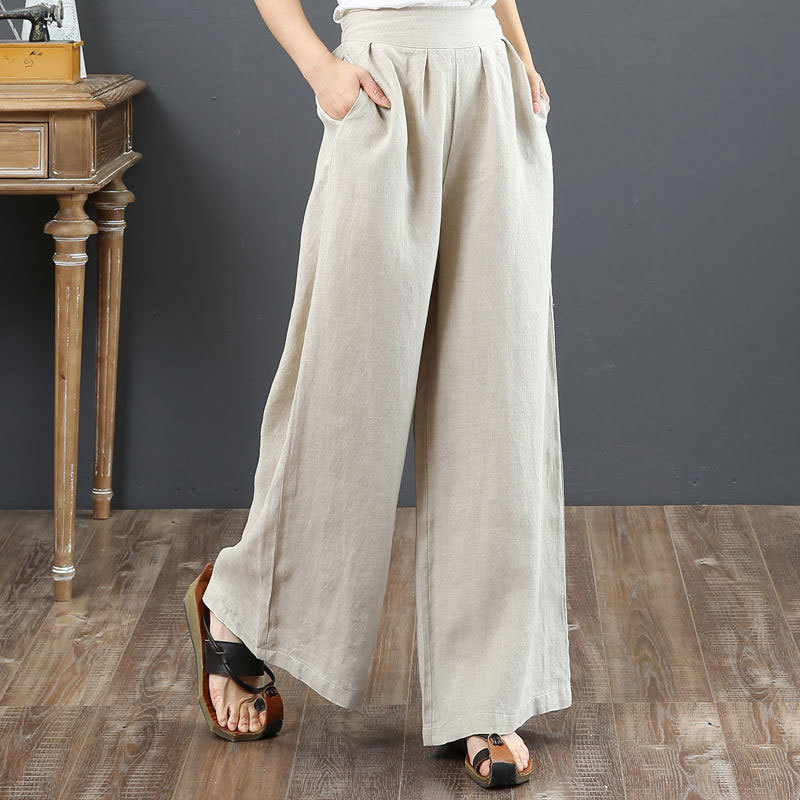 Spring Summer Women Pants Plus Size High Waist Loose Solid Cotton Linen Wide Leg Female Casual Trousers Big D50 210512