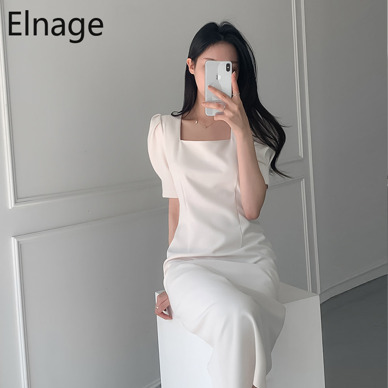 Korean Style Chic Slim Square Collar Pleated Bubble Short Sleeve Wrap Hips Dress Women A Line Long Summer Dresses White 5B284 210429