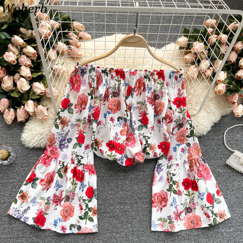 Sexy Off Shoulder Print Blouses Womens Slash Neck Elastic Pleated Shirts Summer Fashion Slim Fit Streetwear Short Tops 210519