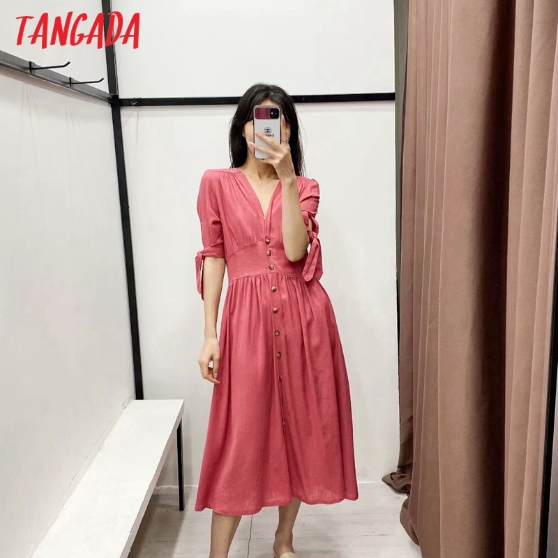 Summer Women Yellow French Style Bow Short Sleeve Ladies Midi Dress Vestidos 2R37 210416