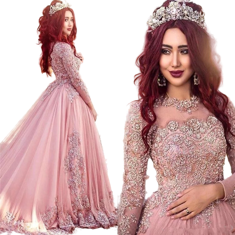 2022 Arabic Dubai Luxury Quinceanera Dresses Handmade Beaded Lace Appliques Tulle Vestidos De 15 Años Jewel Long Sleeves Bride Formal Occasion Ball Go