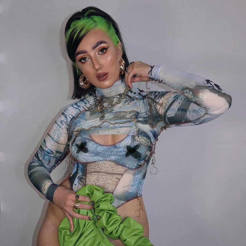 Colysmo Print 2 Piece Set Long Sleeve Turtleneck Crop Top Cut out Bodycon Bodysuit Matching Sets Women Summer Sexy Club Outfits 210527