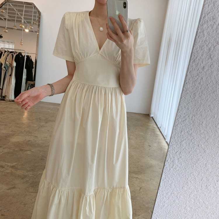 Spring and Summer Korean Fashion Elegant Sweet Backless Short-sleeved Dress with Bowknot Cotton Pleated Female 210615Z