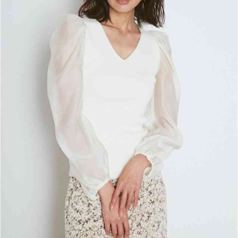 Sweet Sexy V-neck Puff Sleeve All Match Pullovers Chic Mesh Knit Patchwork Sweaters Japan Style Elegant Slim Women Tops 210524