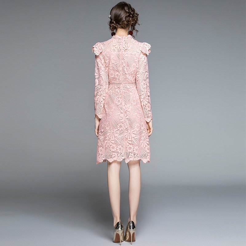 Fashion Runway Spring Pink Lace Dress Women's Stand Collar Long Sleeve Hollow Out Elegant Party Vestidos 210520