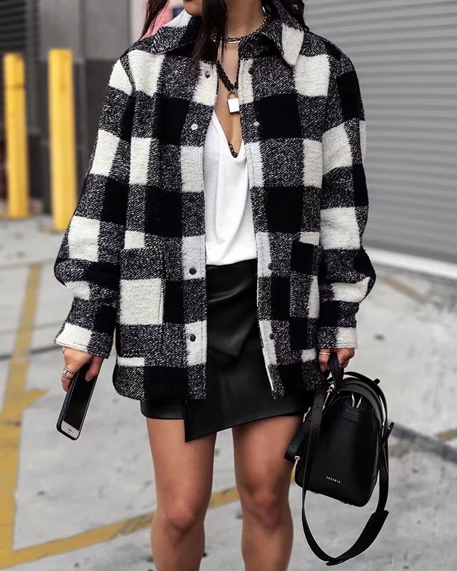 Vintage Woolen Plaid jacket women winter coat Long Sleeve oversize shirts casual work office Chic outwear 210521
