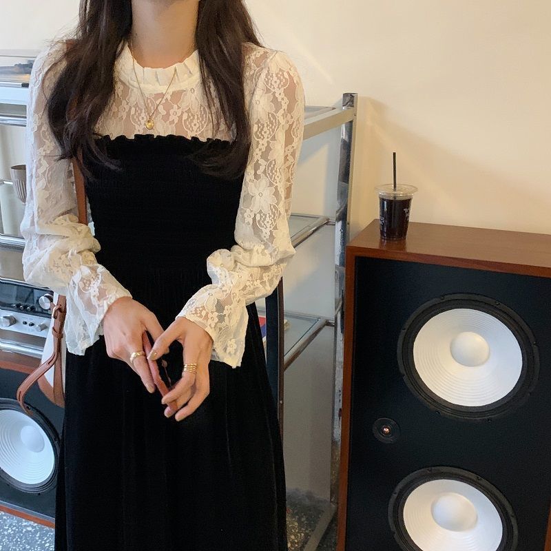 Lace Vintage Dress Women O-Neck Elegant Black Dress Female Casual Patchwork Long Sleeve Dress Korean Autumn 210521