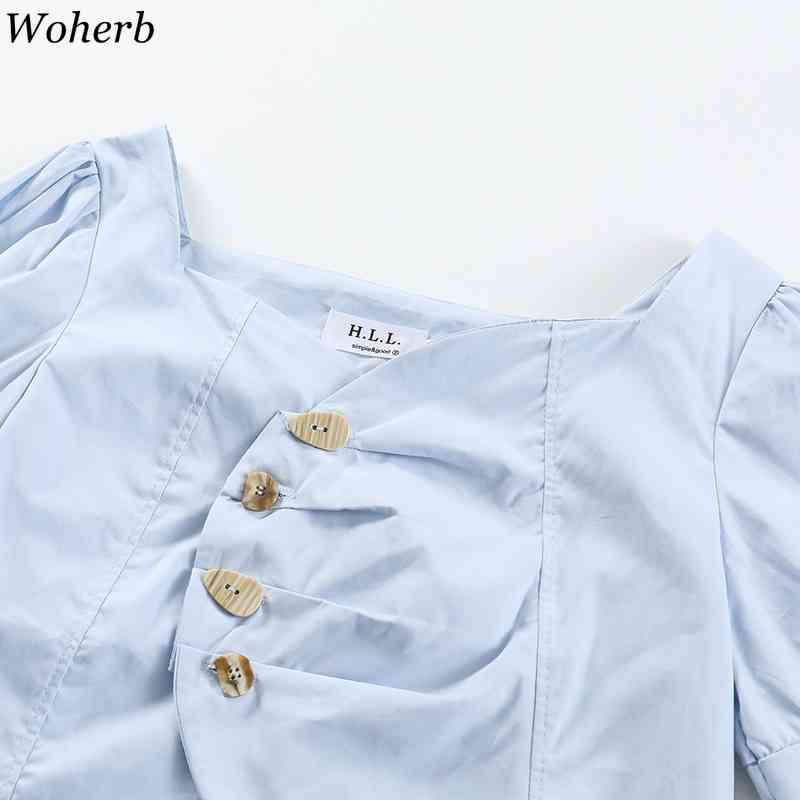 Shirts Women Irregular Square Collar Buttons Blouses Puff Short Sleeve Crop Tops Korean Chic Elegant White Blusas Mujer 210519