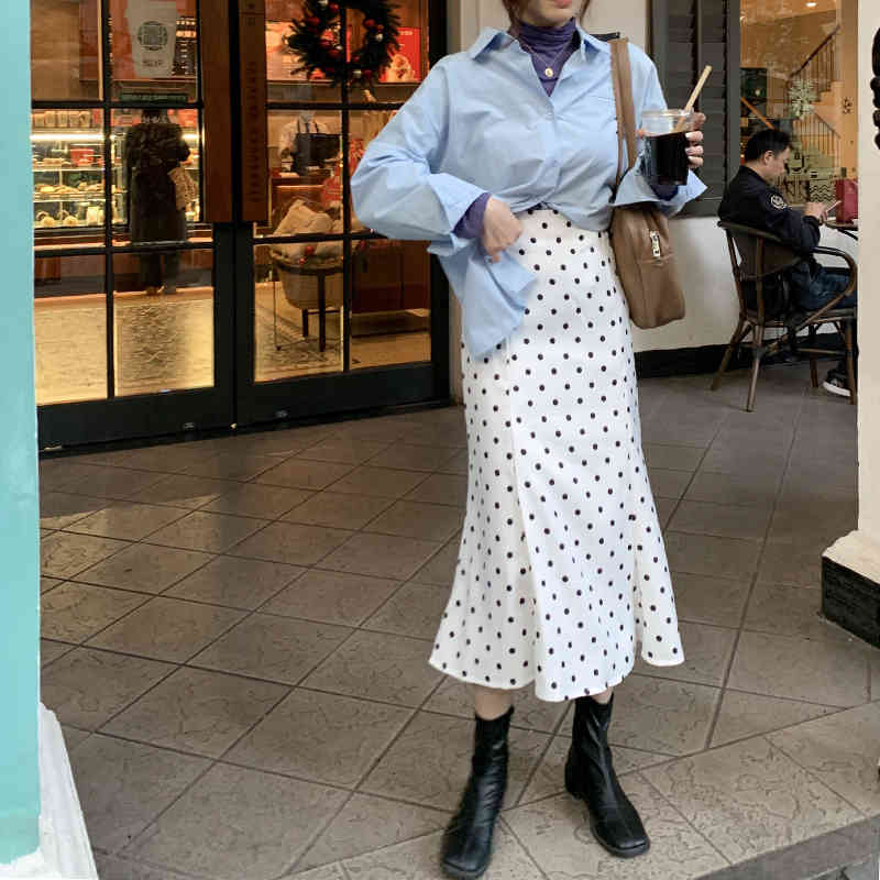 Polka Dots Elegant Vintage Fashion Feminine Chic Retro Female OL Slim Regular A-Line Women High Waist Long Skirt 210421