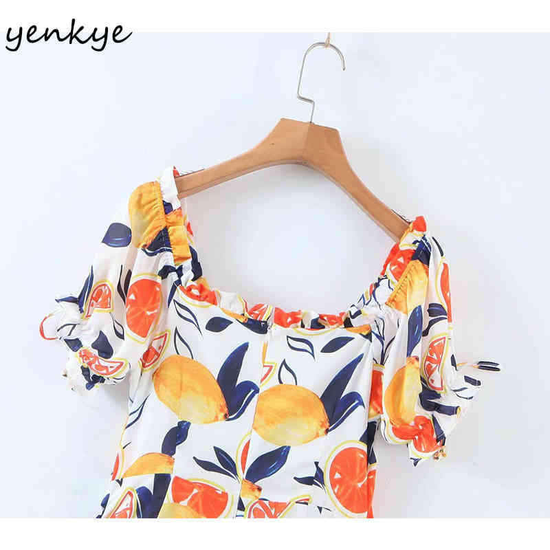Multicolor Fruit Print Summer Dress Women Front Drawstring Sexy V Neck Short Sleeve A-line Mini Prairie Chic Robe 210430
