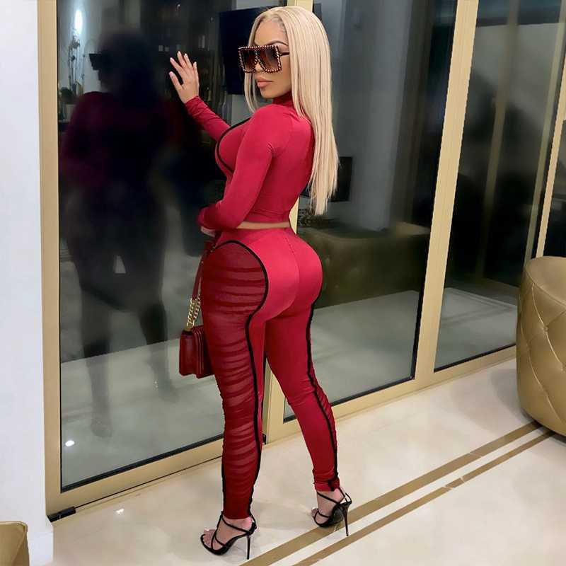 Elegant Sexy Two Piece Set Women Long Sleeve Crop Top and Bodycon Pants Set Party Club Outfits for Women 2 Piece Tracksuit Set Y0625