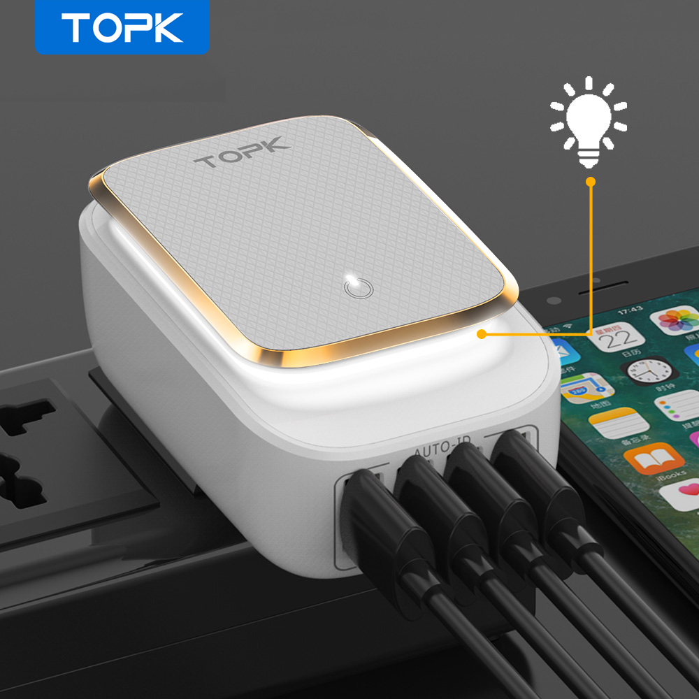 TOPK B4405 4-Port 4.4A(Max) 22W EU USB Charger Adapter LED Lamp Auto-ID Portable Phone Travel Wall Charger for iPhone Samsung
TOPK B4405 4-Port 4.4A(Max) 22W EU USB Charger Adapter LED Lamp Auto-ID Portable Phone Travel Wall Charger for iPhone Samsung