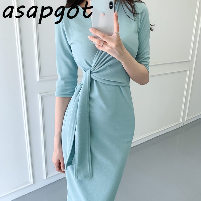 Korean Chic Gentle Elegant Slim V Neck Cross Side Lace Up Waist Bodycon Short Sleeve Knitted Dress Women Wrap Hip Vestido 210429