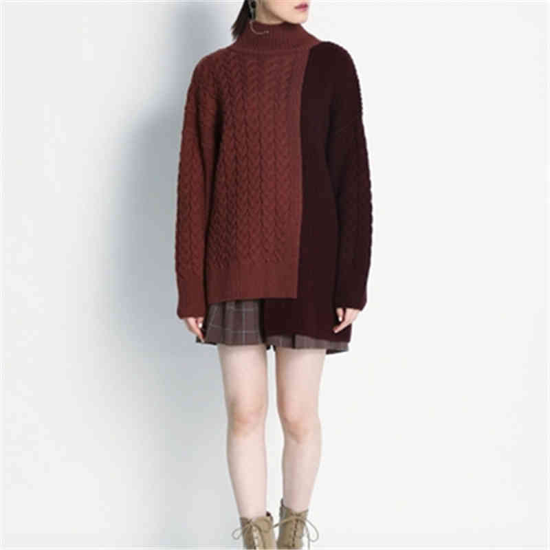 Women Knit Half High Collar Sweater Personality Minima List Hem Asymmetric Hit Color Ladies Pullover Loose Outer Wear Top 210515