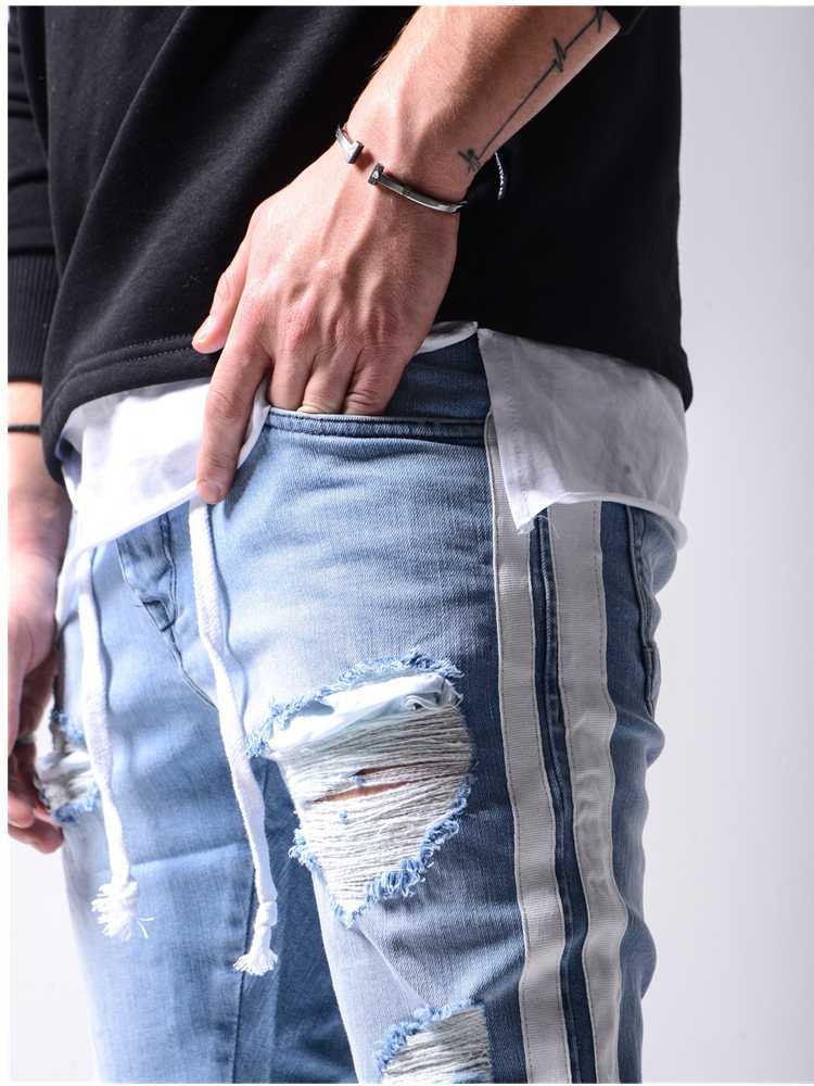 Blue Grey Tight Ripped Jeans Men Slim Foot Zipper Side Stripe Denim Male Stretchy Lace-Up Pencil Pants Street Knee Hole Trousers X0621