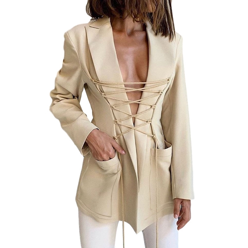 spring and Autumn Women's long sleeve bandage medium length casual fashion temperament Blazer 210602