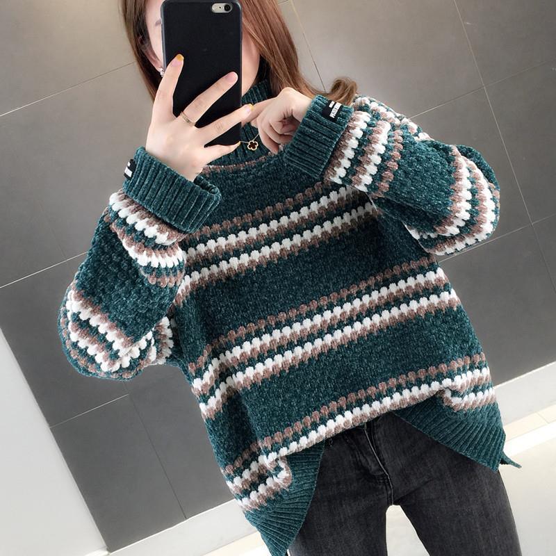 Turtleneck Sweater Women's Loose Outerwear Autumn And Winter Rainbow Stripe Gold Velvet Chenille Pullover Shirt 210427