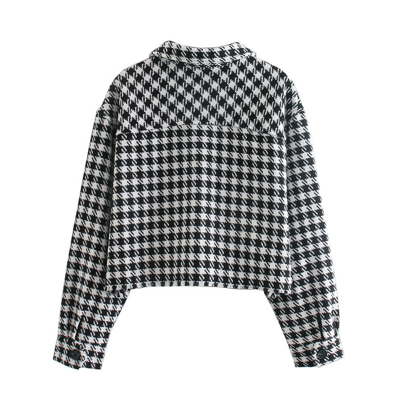 fall winter fashion houndstooth black and white plaid short jacket women raw edge vintage loose shirts jackets tops 210508