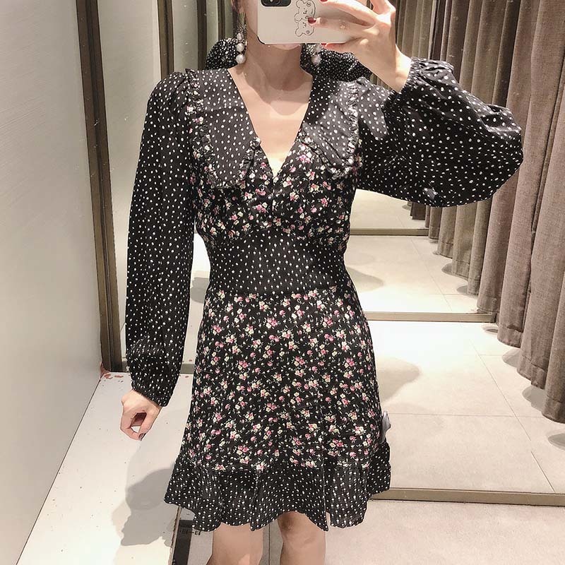 Chic Floral And Dot Print Patchwork Mini Dress Women Vintage Long Sleeve Ruffles Dress Ladies A Line Party Dresses 210414