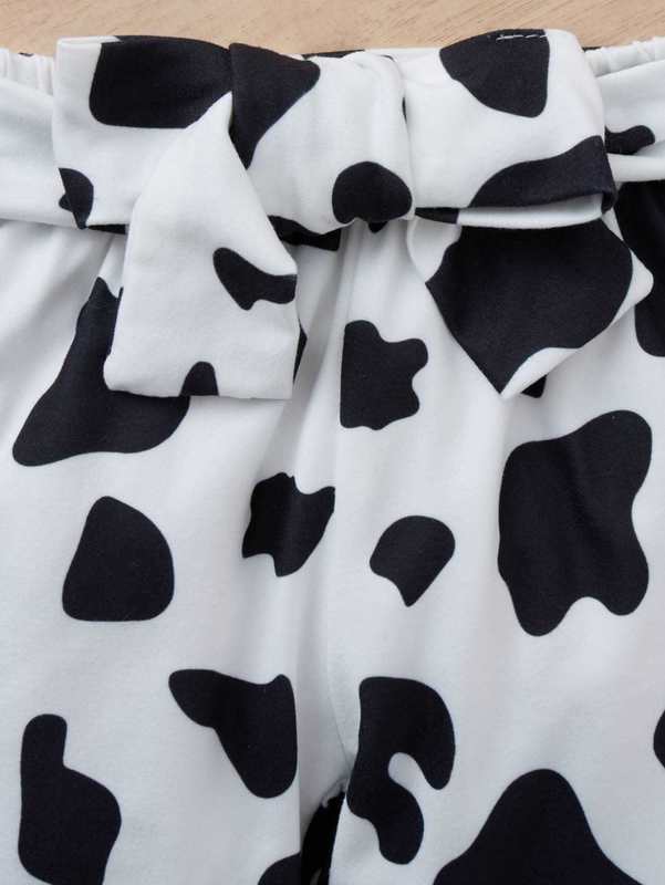 Baby Slogan Graphic Ruffle Trim Bodysuit & Cow Print Belted Pants & Headband SHE