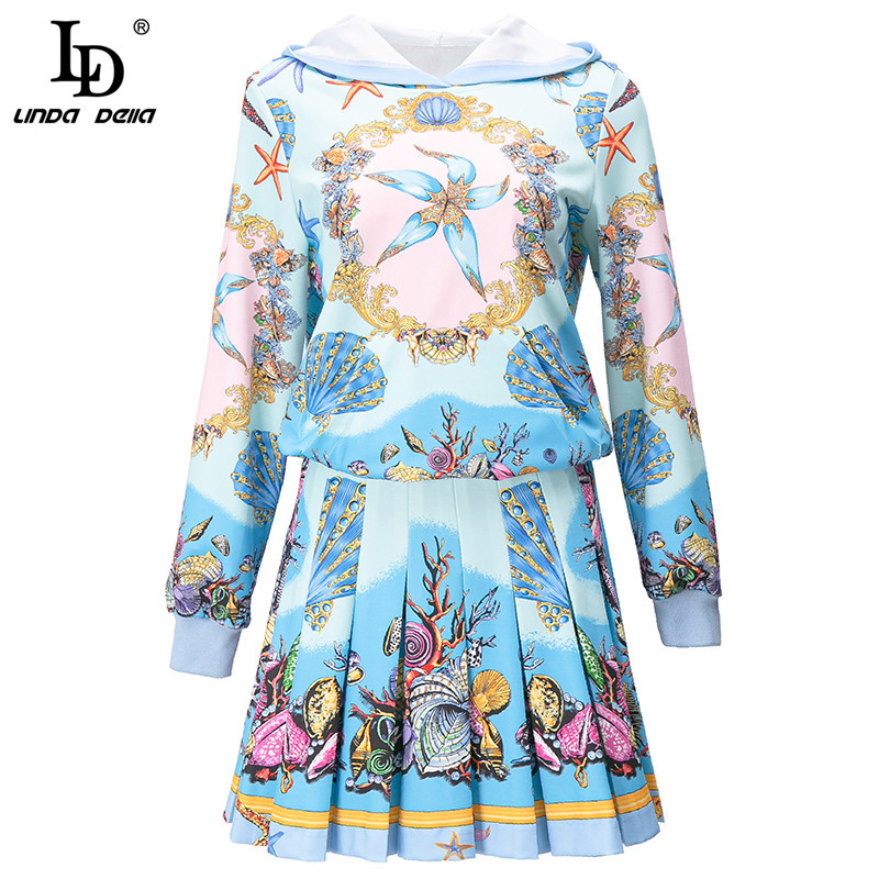 Autumn Winter Fashion Runway Skirt Suit Women Casual Pullover Hooded Sweater and Pleated Short 2 Pieces Set 210522