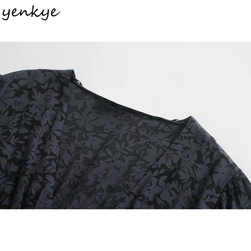 YENKYE Vintage Floral Print Long Dress Women V Neck Lantern Sleeve Slim A-line Sexy Slits Elegant Party Dress Vestido 210515